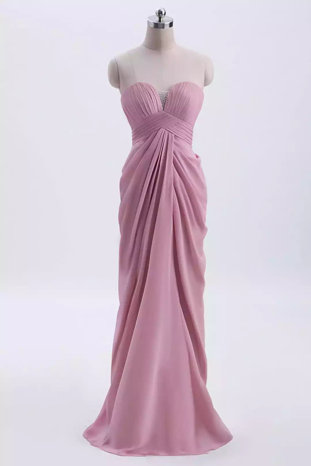 Romantic Blush Pink Chiffon Gown with Strapless Sweetheart Bodice & Draped Skirt