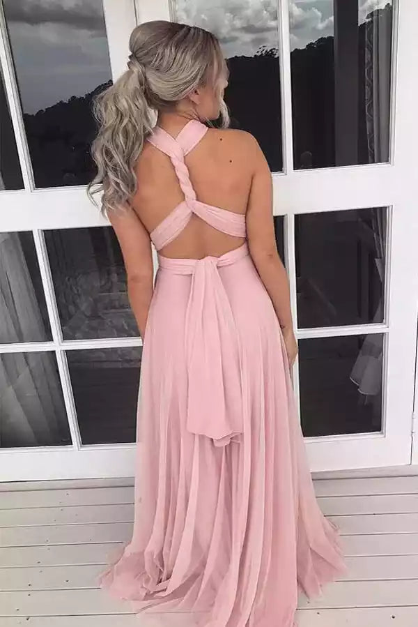 Romantic Blush Pink Halter Gown with Cross-Back & Flowing Tulle Skirt