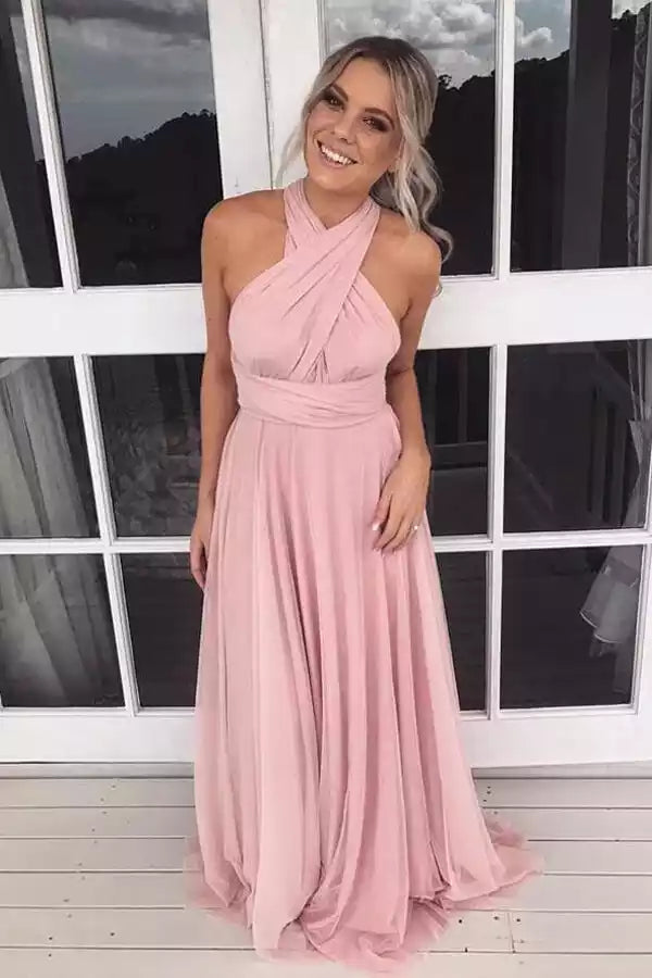 Romantic Blush Pink Halter Gown with Cross-Back & Flowing Tulle Skirt