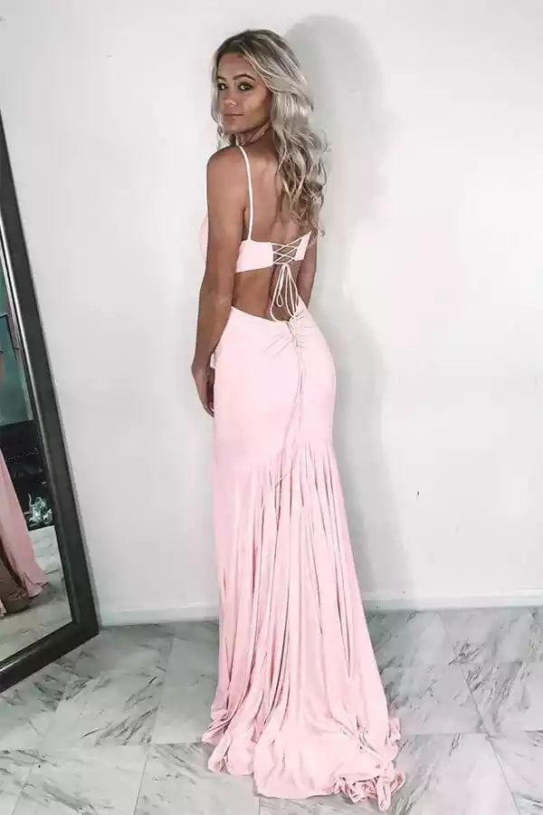 Romantic Blush Pink Mermaid Gown with Lace-Up Back & High Slit