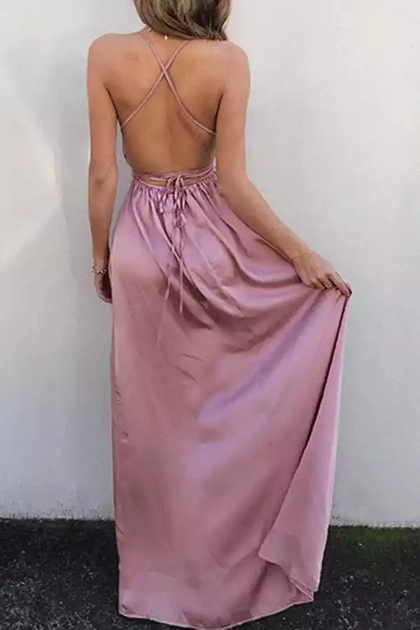 Romantic Blush Pink Satin Gown with Crisscross Back & Deep V-Neck