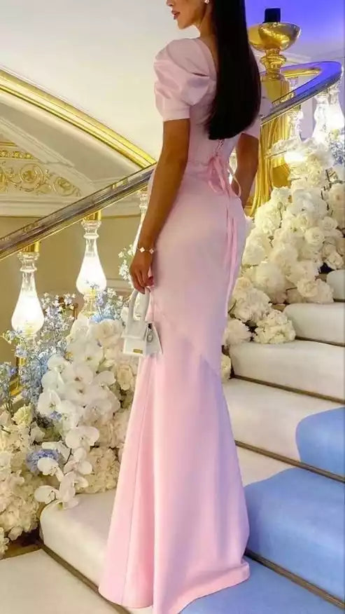 Romantic Blush Pink Satin Gown with Puff Sleeves & Mermaid Silhouette