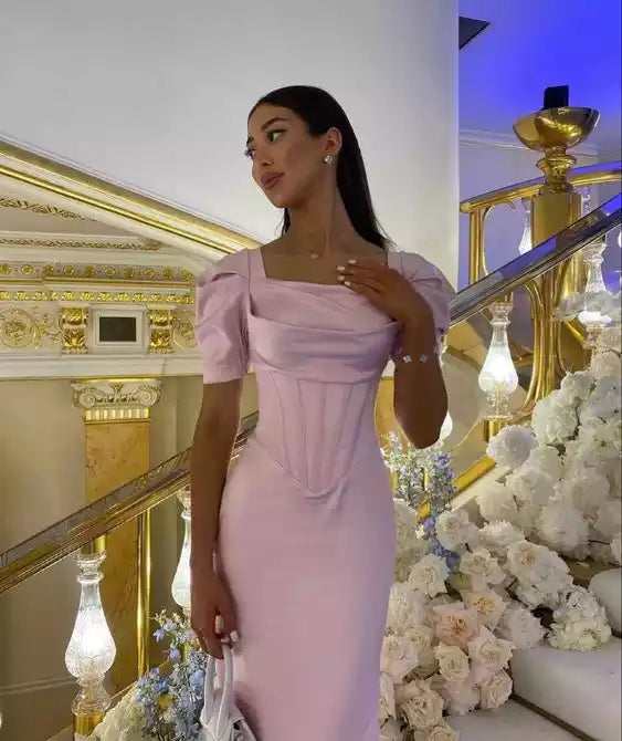 Romantic Blush Pink Satin Gown with Puff Sleeves & Mermaid Silhouette