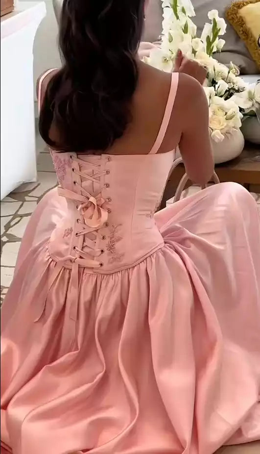 Romantic Blush Satin Ballgown with Corset Bodice & Lace Accents