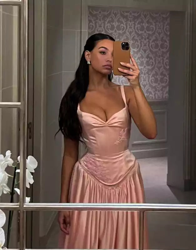 Romantic Blush Satin Ballgown with Corset Bodice & Lace Accents