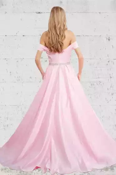 Romantic Blush Satin Ballgown with Off-the-Shoulder Neckline & Crystal Waistband