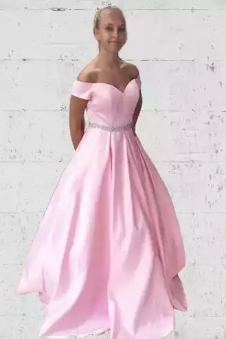 Romantic Blush Satin Ballgown with Off-the-Shoulder Neckline & Crystal Waistband