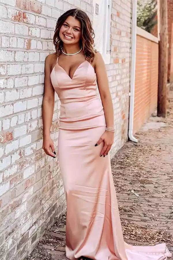 Romantic Blush Satin Mermaid Gown with Halter Open Back