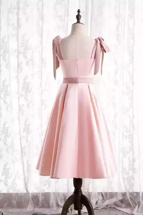 Romantic Blush Satin Tea-Length Gown with Bow-Accented Straps