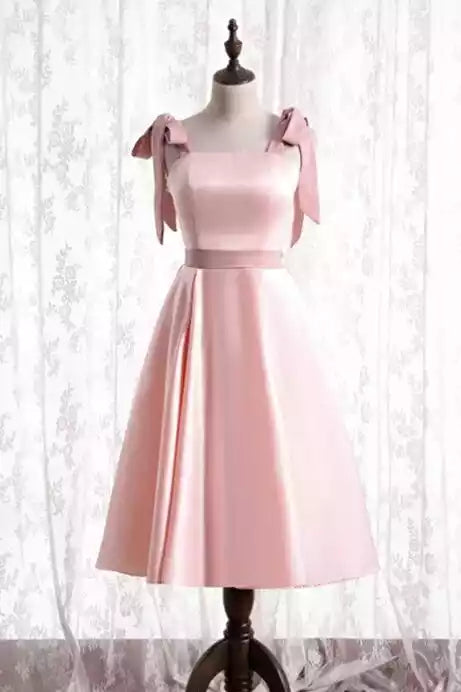 Romantic Blush Satin Tea-Length Gown with Bow-Accented Straps