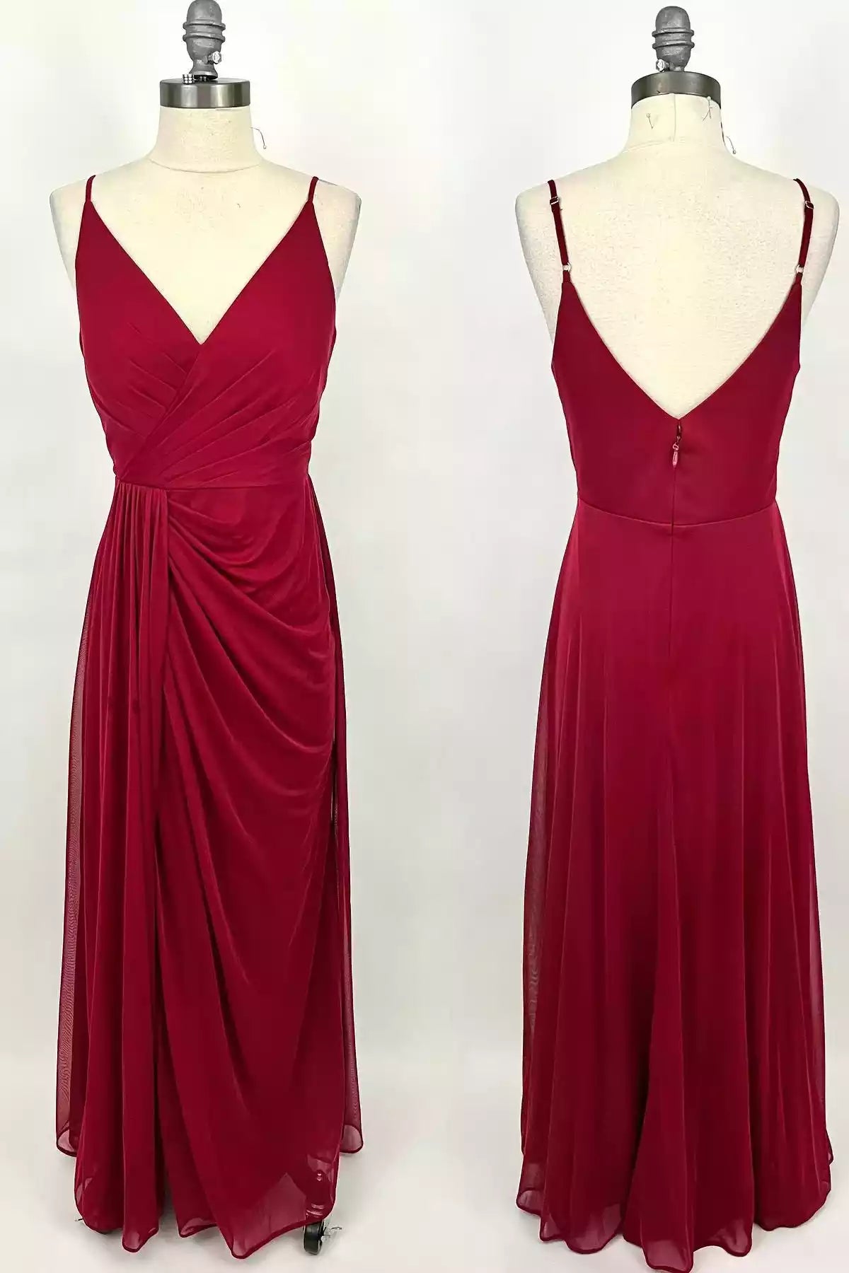Romantic Burgundy Chiffon Gown with Cross-Drape Bodice & Deep V-Back