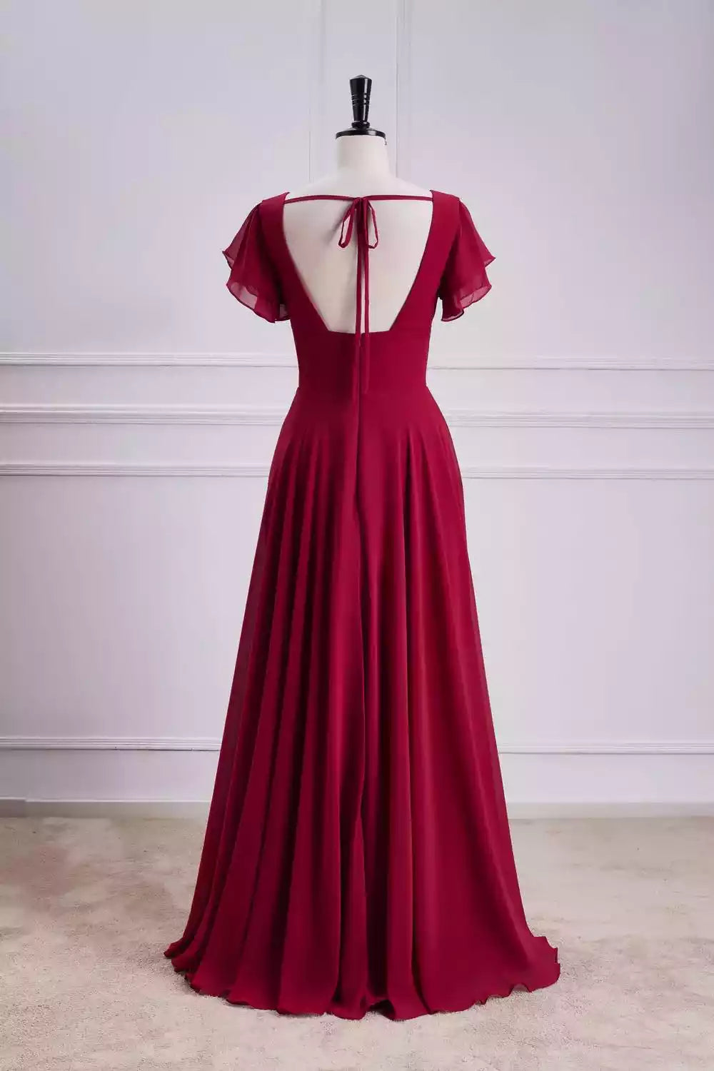 Romantic Burgundy Chiffon Gown with Flutter Sleeves & Tie-Back Open Back