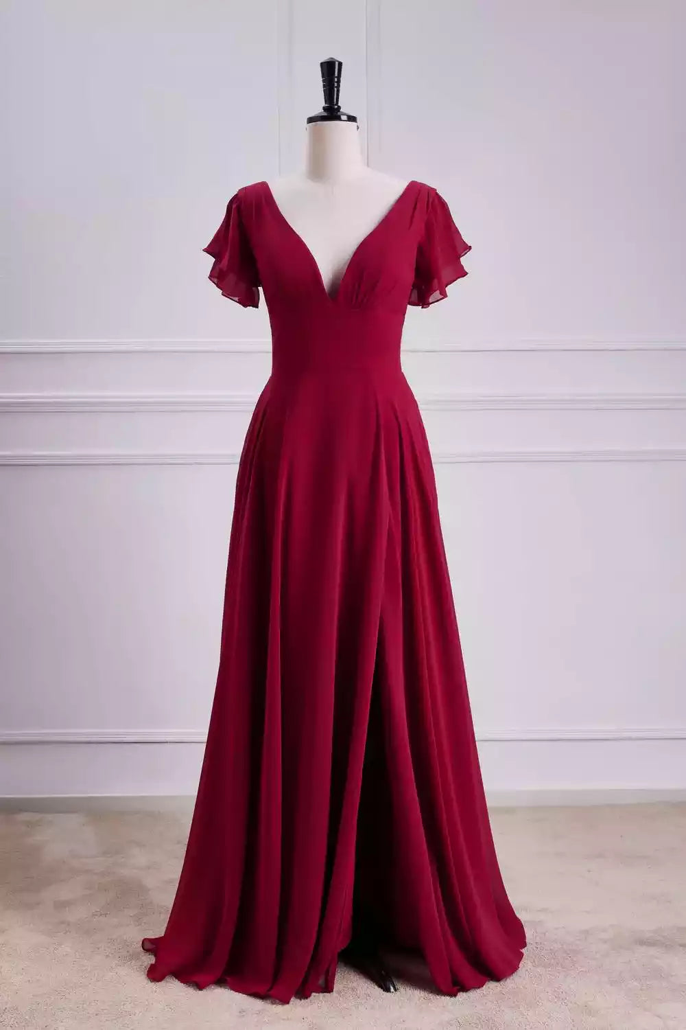 Romantic Burgundy Chiffon Gown with Flutter Sleeves & Tie-Back Open Back