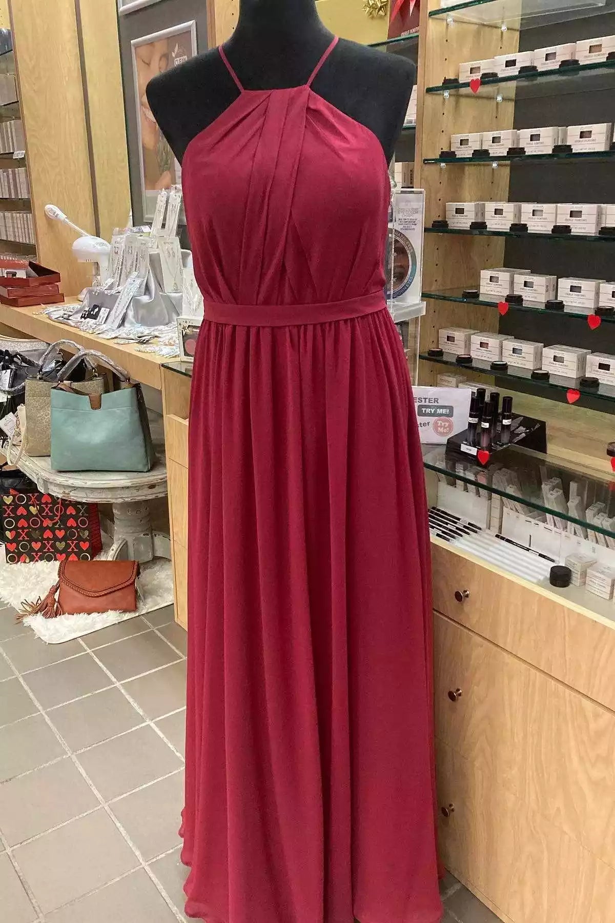 Romantic Burgundy Chiffon Gown with Halter Neck & Open Back