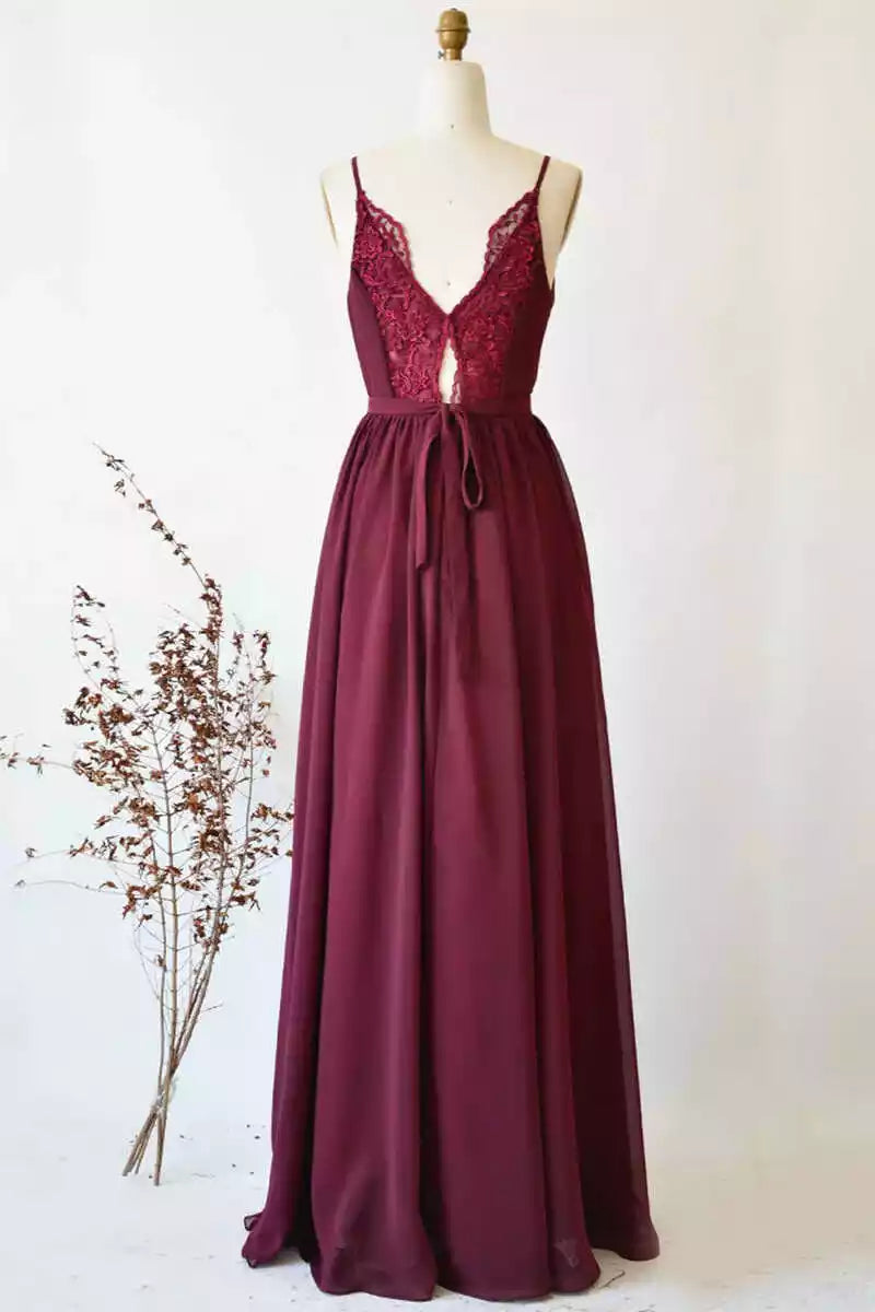 Romantic Burgundy Chiffon Gown with Lace V-Neck & Tie-Waist