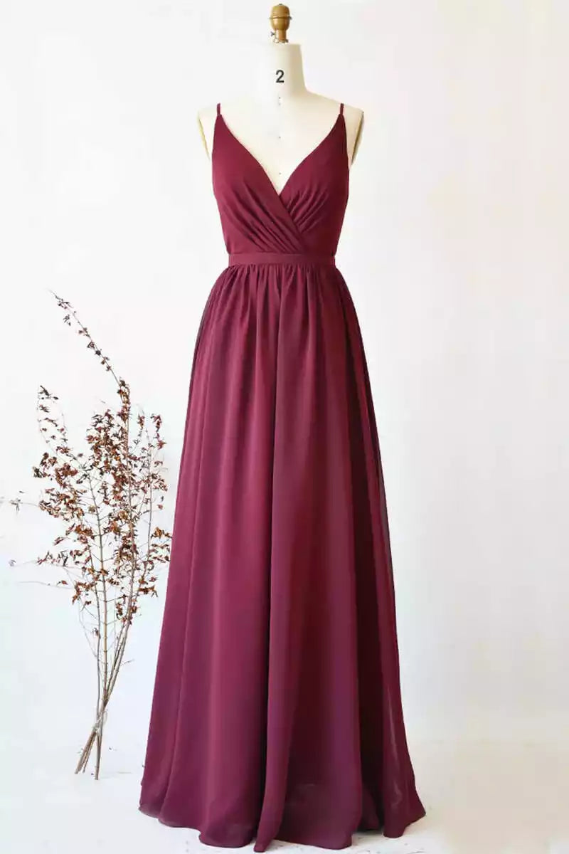 Romantic Burgundy Chiffon Gown with Lace V-Neck & Tie-Waist