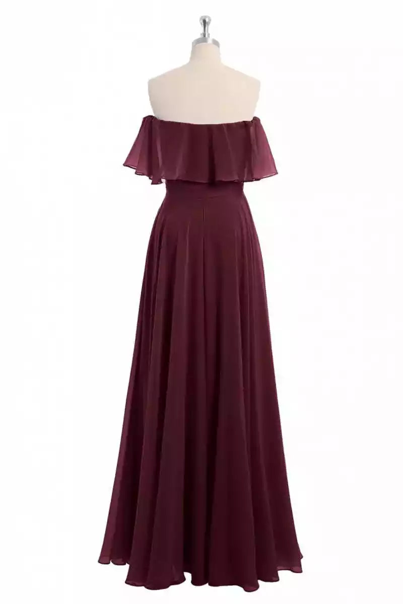 Romantic Burgundy Chiffon Gown with Off-the-Shoulder Ruffle Overlay