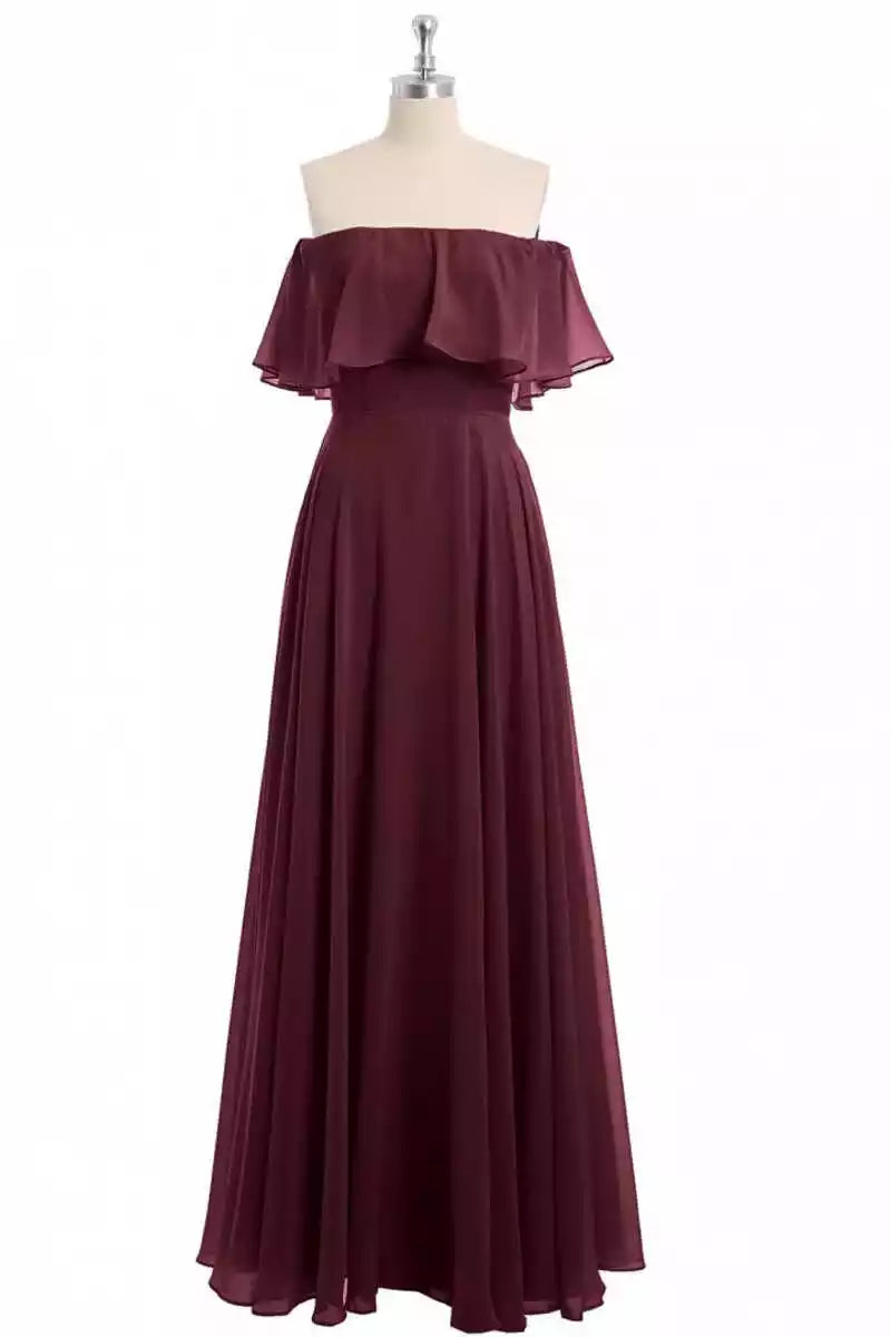 Romantic Burgundy Chiffon Gown with Off-the-Shoulder Ruffle Overlay