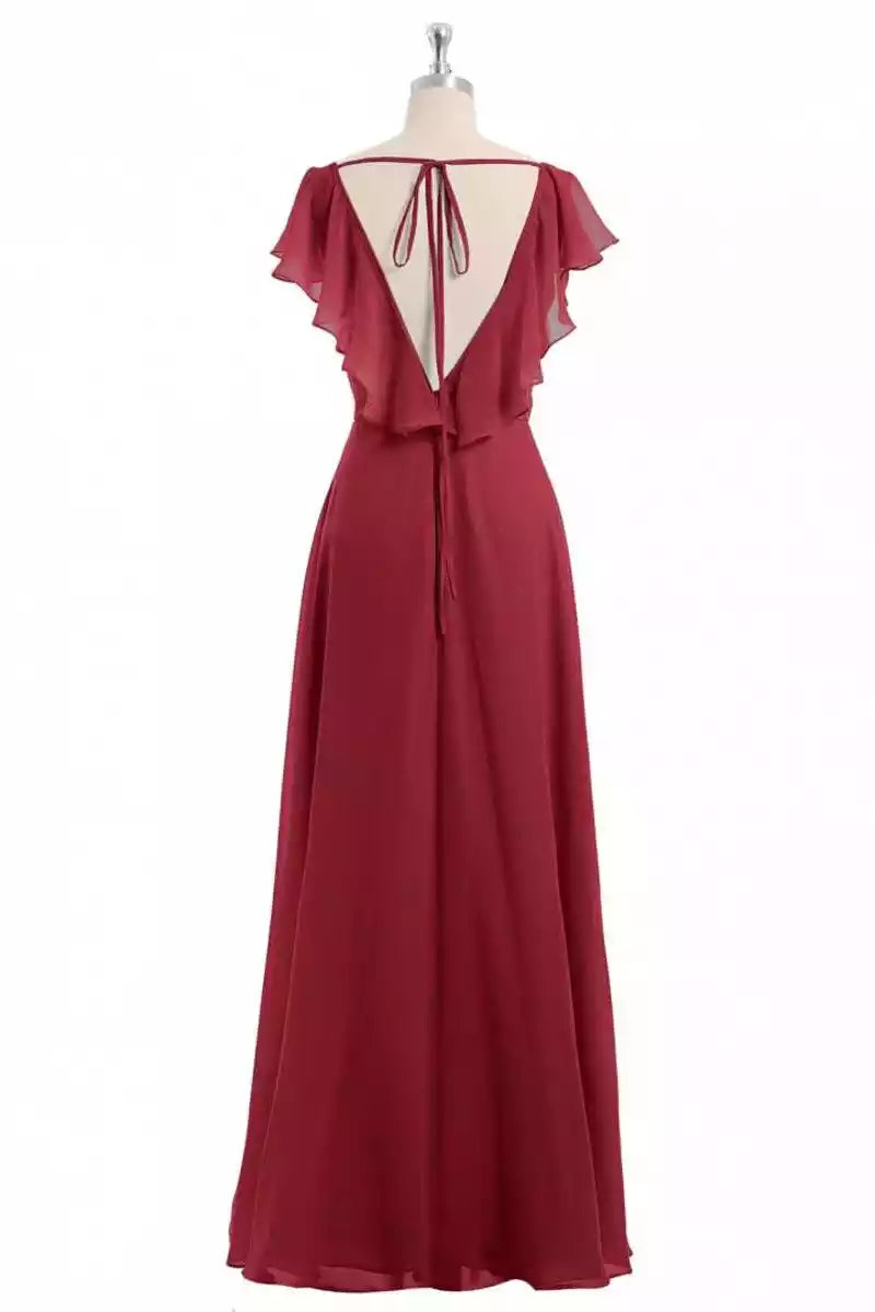 Romantic Burgundy Chiffon Gown with Ruffled Cap Sleeves & Open Back