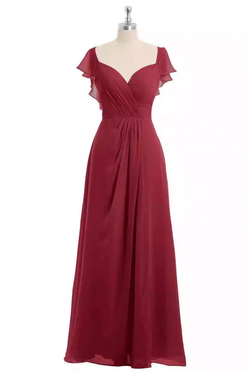 Romantic Burgundy Chiffon Gown with Ruffled Cap Sleeves & Open Back