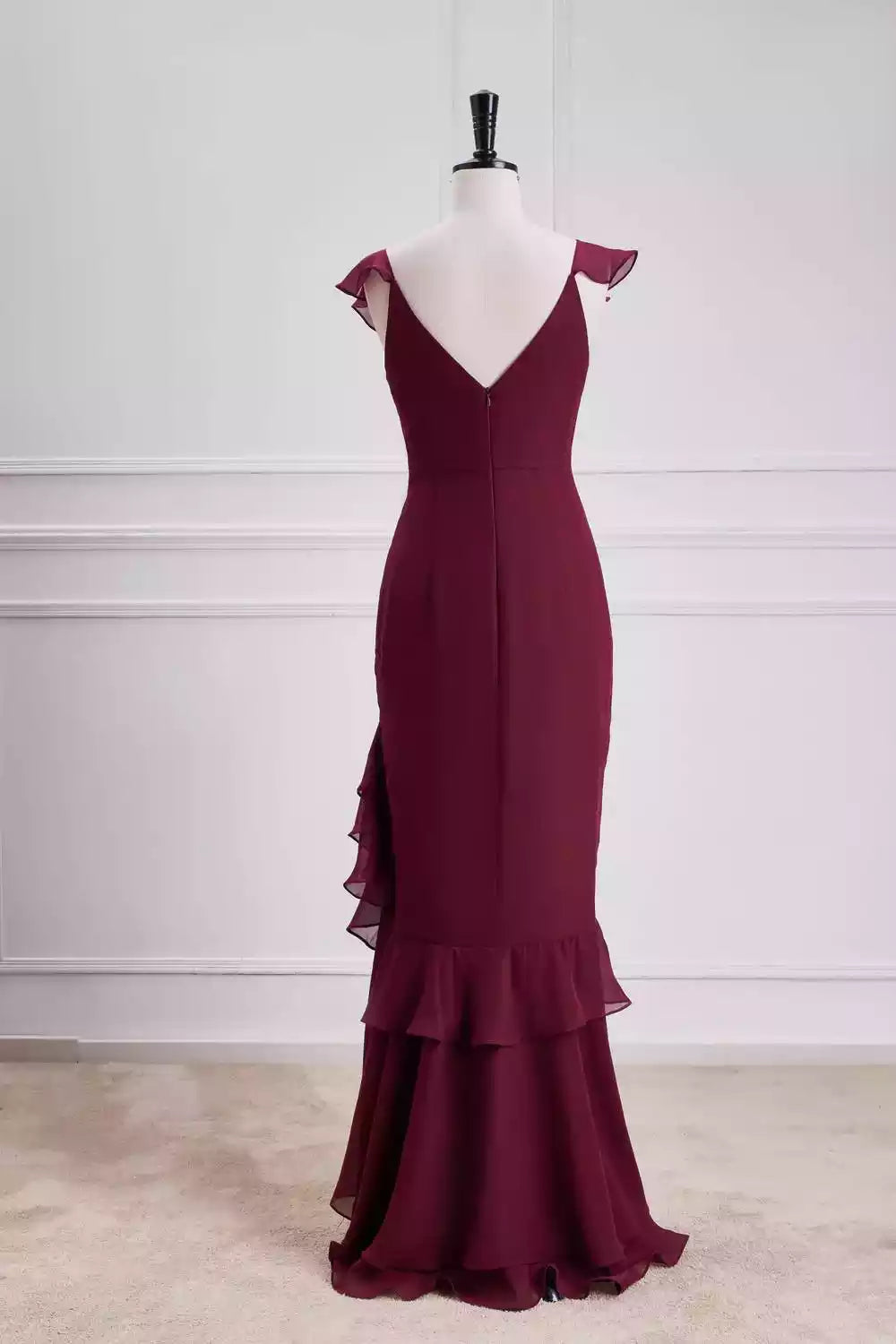 Romantic Burgundy Chiffon Gown with Ruffled Flutter Sleeves & Mermaid Silhouette