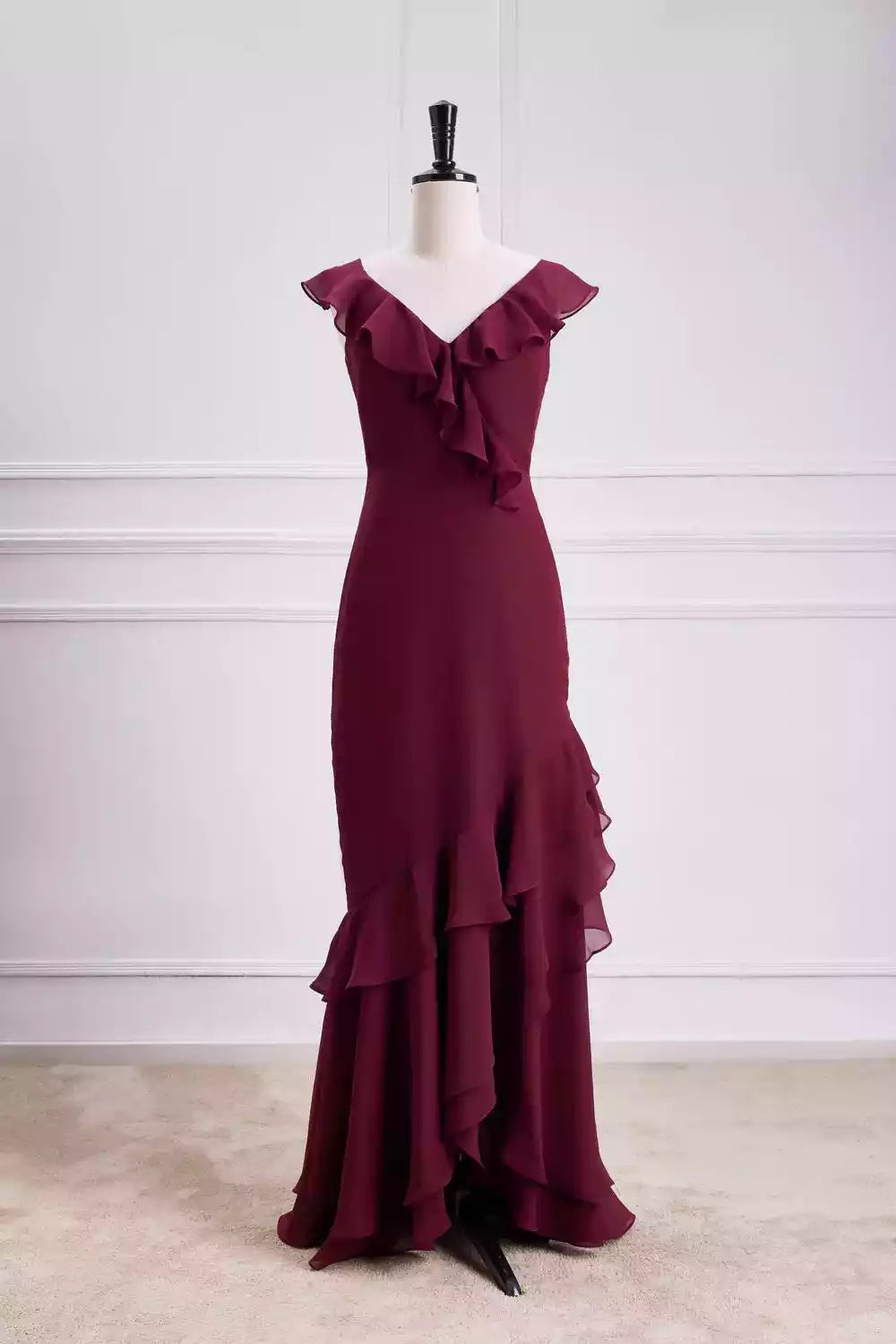 Romantic Burgundy Chiffon Gown with Ruffled Flutter Sleeves & Mermaid Silhouette