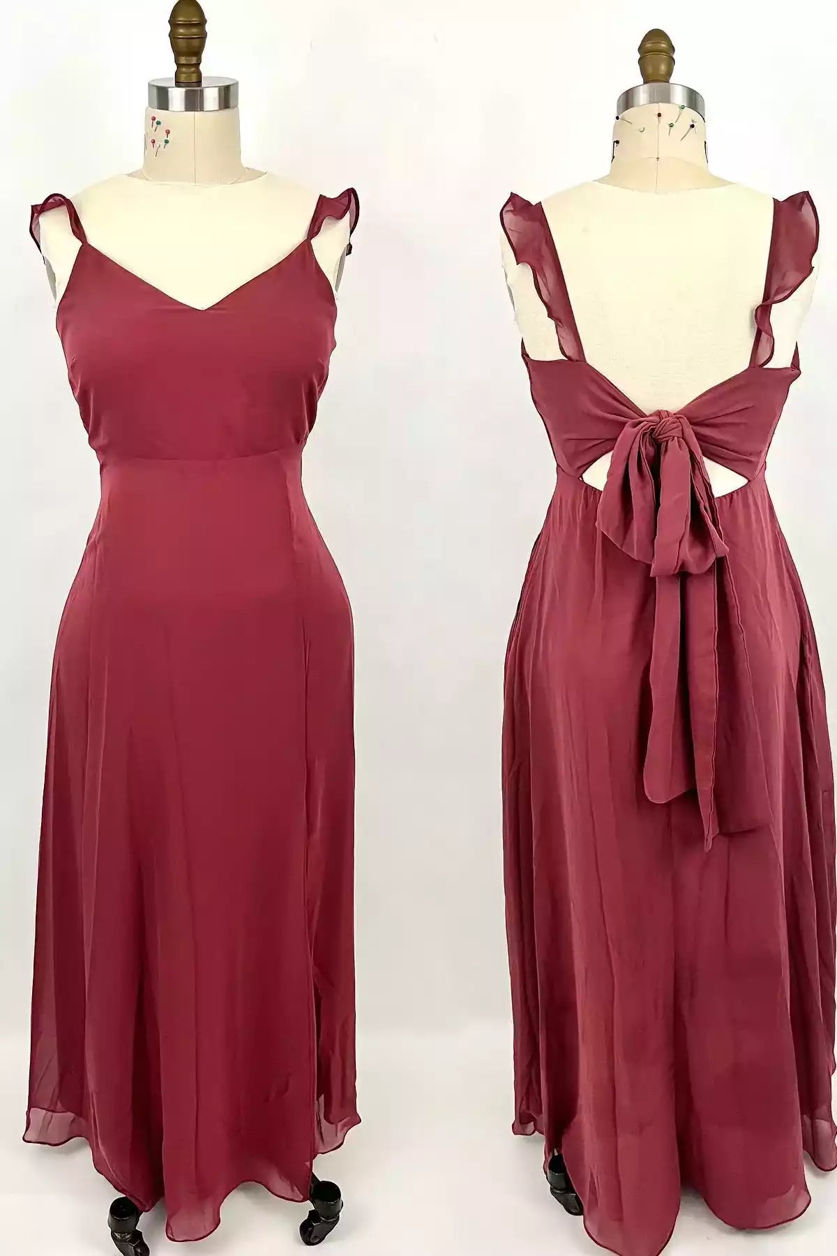 Romantic Burgundy Chiffon Gown with Ruffled Straps & Tie-Back Cutout