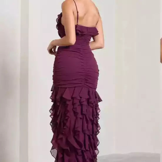 Romantic Burgundy Chiffon Ruffle Gown with Spaghetti Straps & High Slit