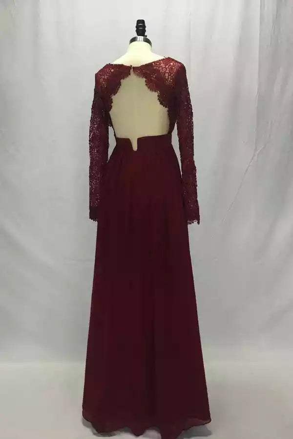 Romantic Burgundy Gown with Lace Long Sleeves & Keyhole Back