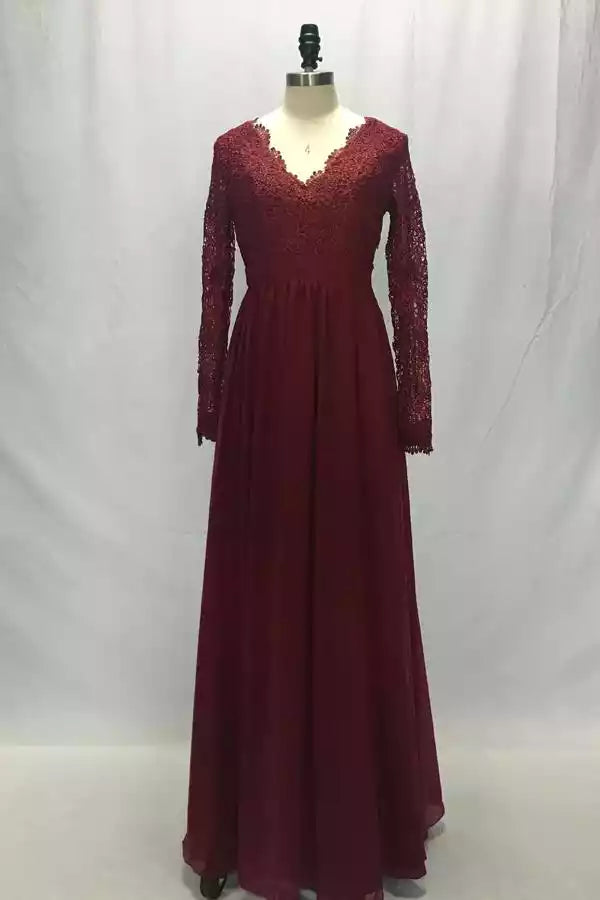 Romantic Burgundy Gown with Lace Long Sleeves & Keyhole Back