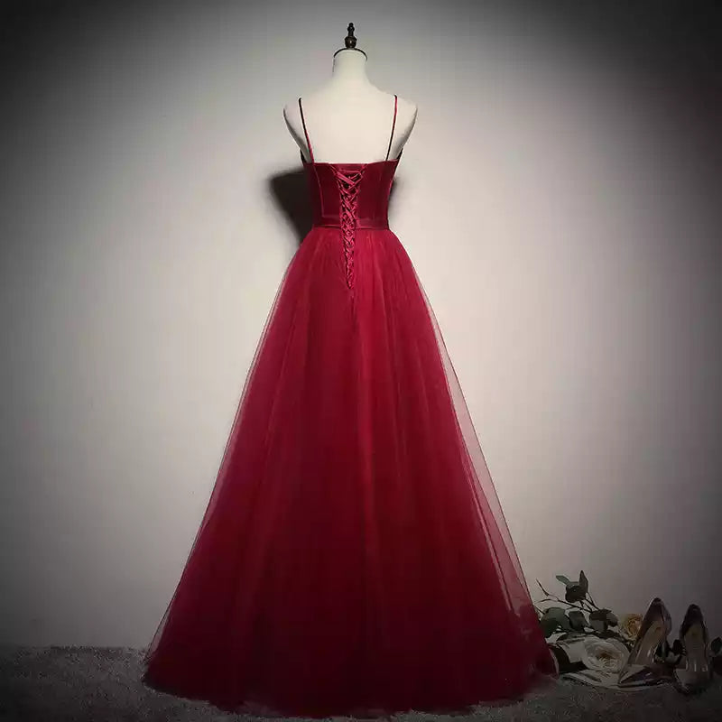 Romantic Burgundy Tulle Ballgown with Satin Corset Bodice & Crisscross Back