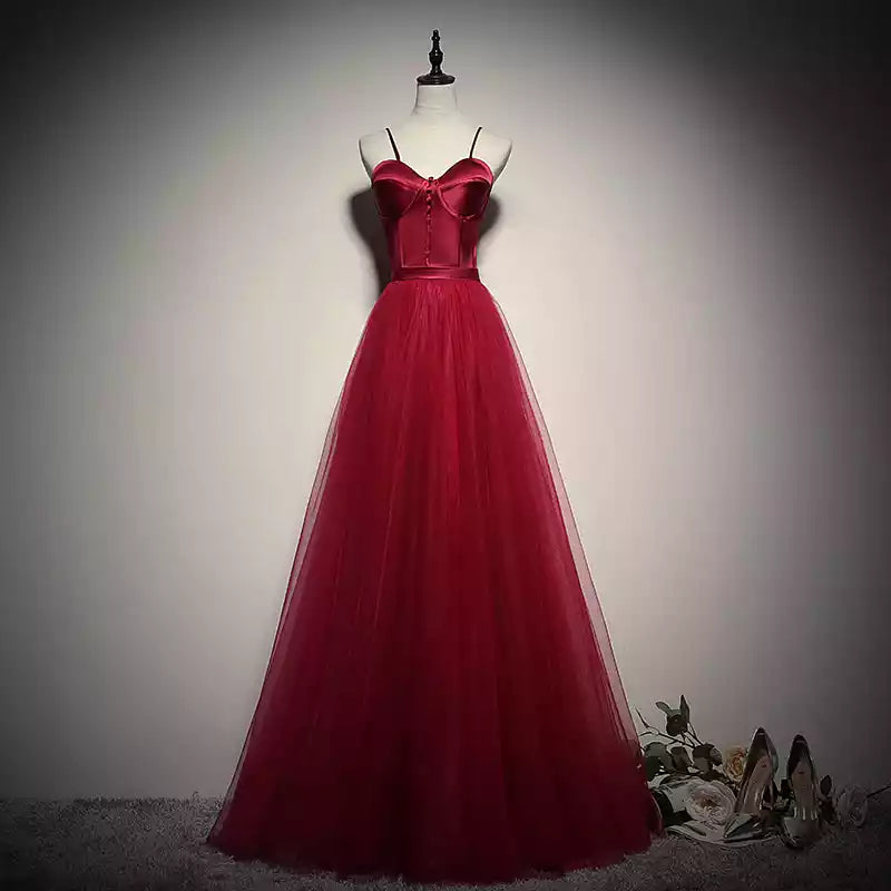 Romantic Burgundy Tulle Ballgown with Satin Corset Bodice & Crisscross Back