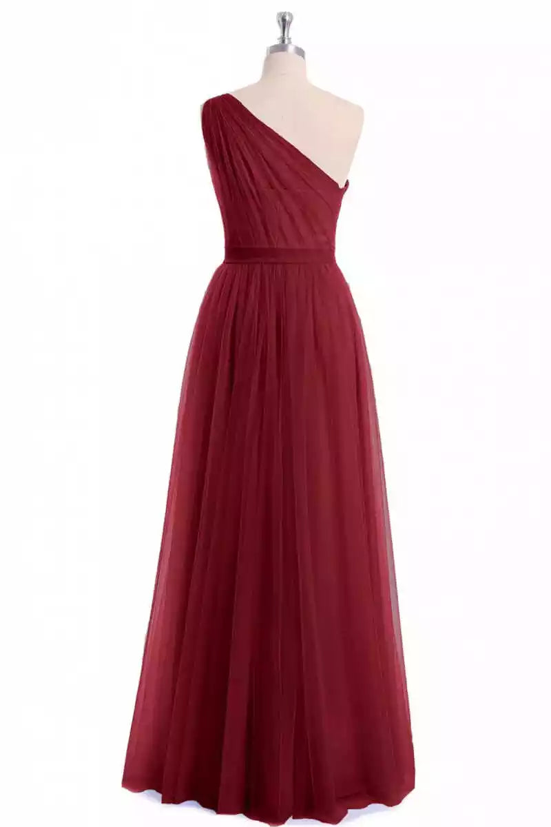 Romantic Burgundy Tulle Gown with One-Shoulder Drape & Flowing Skirt