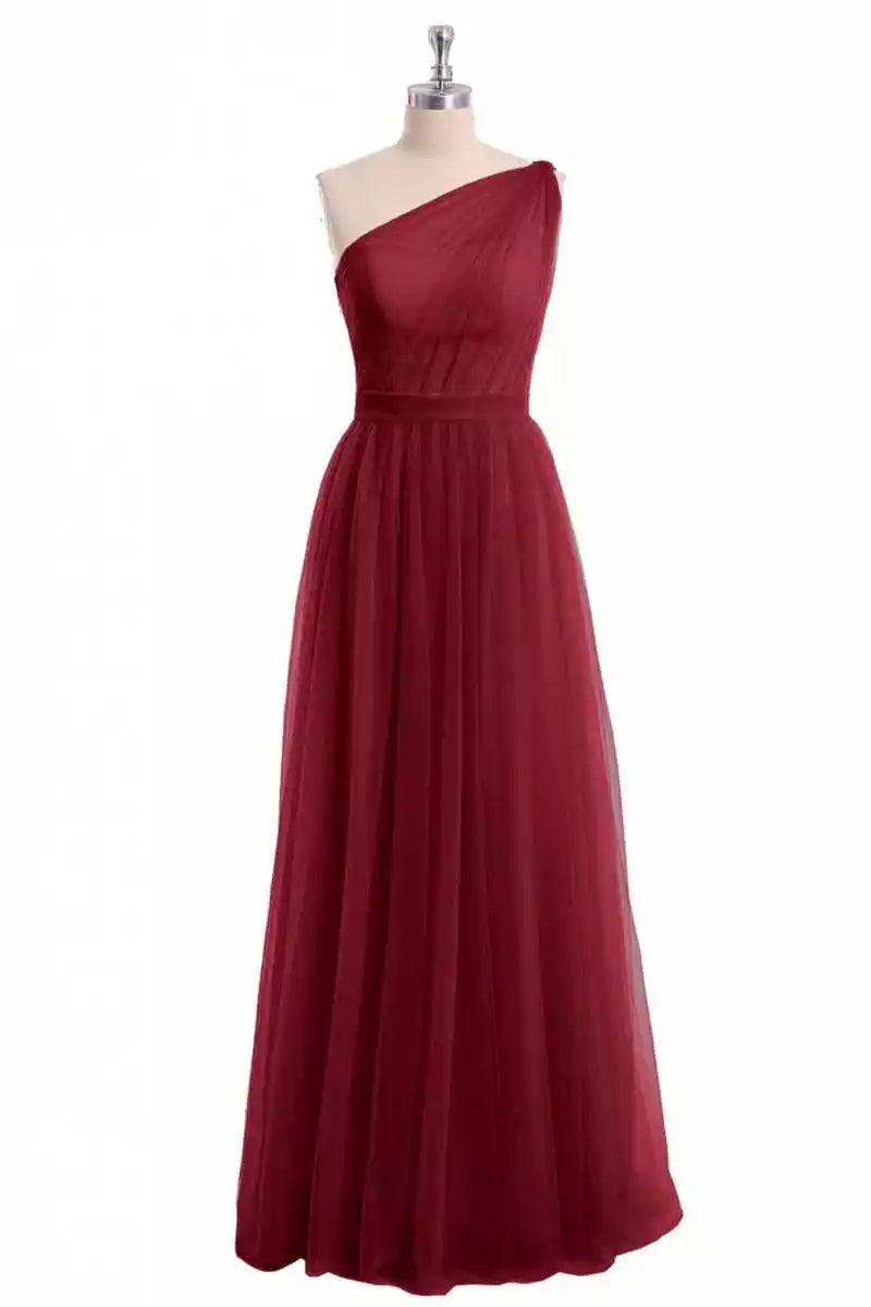 Romantic Burgundy Tulle Gown with One-Shoulder Drape & Flowing Skirt