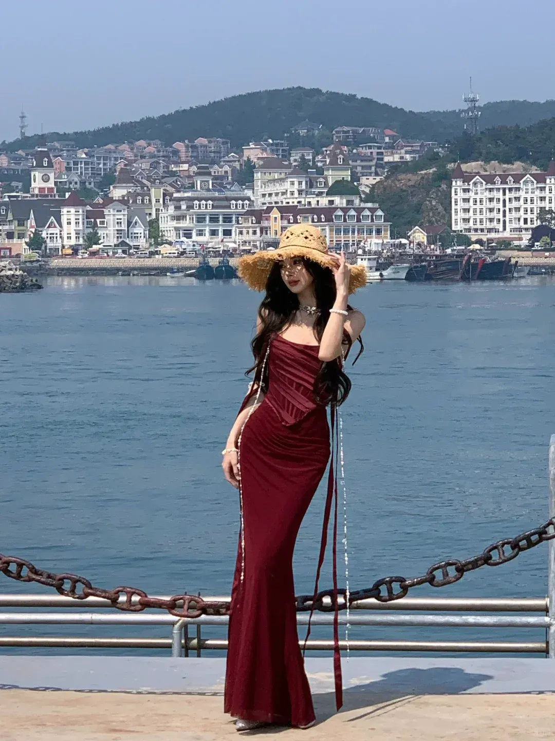 Romantic Burgundy Velvet Strapless Corset Mermaid Gown with Pearl Ties