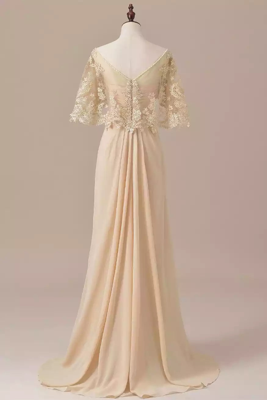 Romantic Champagne Chiffon Gown with Lace Capelet Overlay