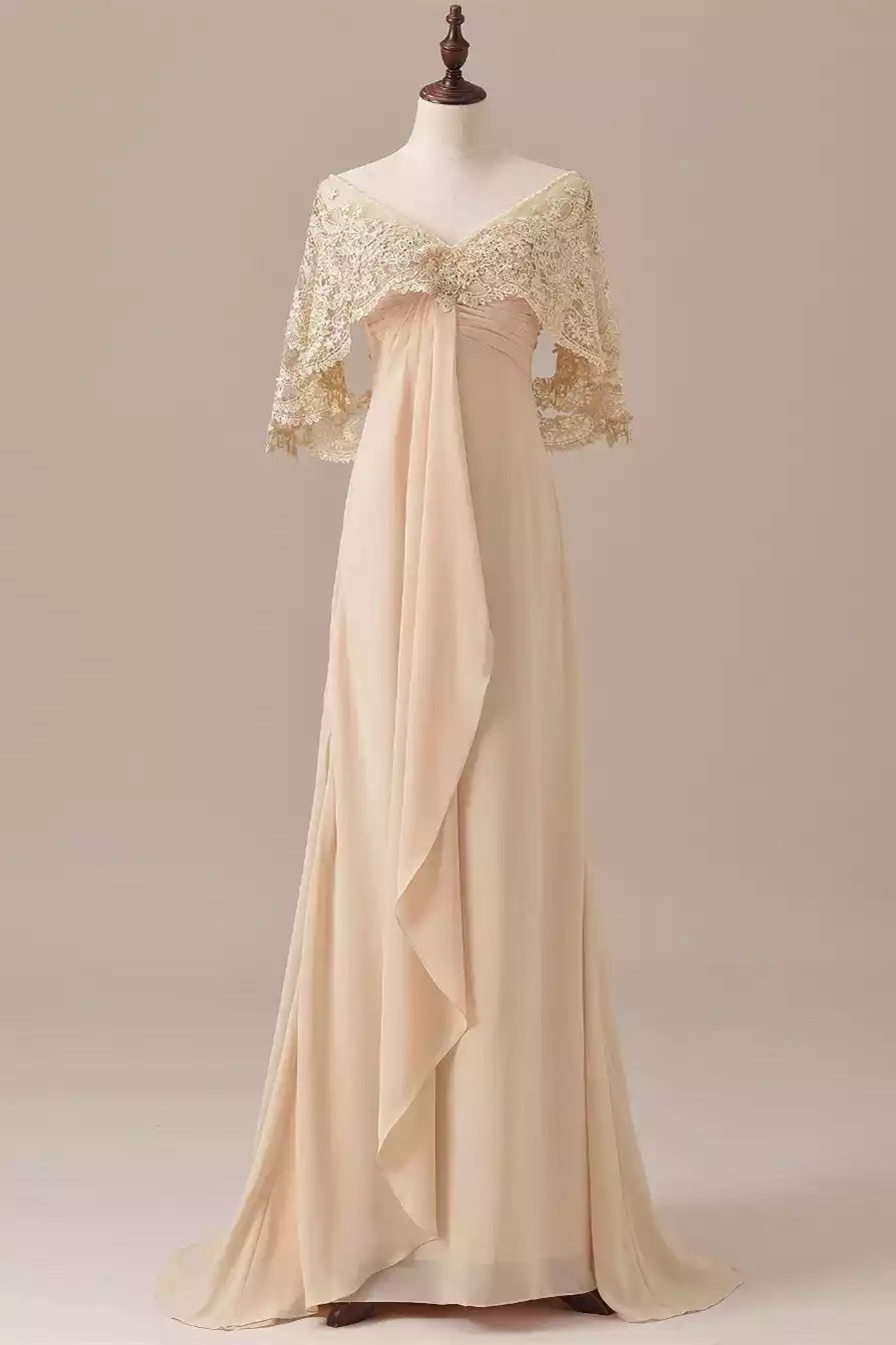 Romantic Champagne Chiffon Gown with Lace Capelet Overlay