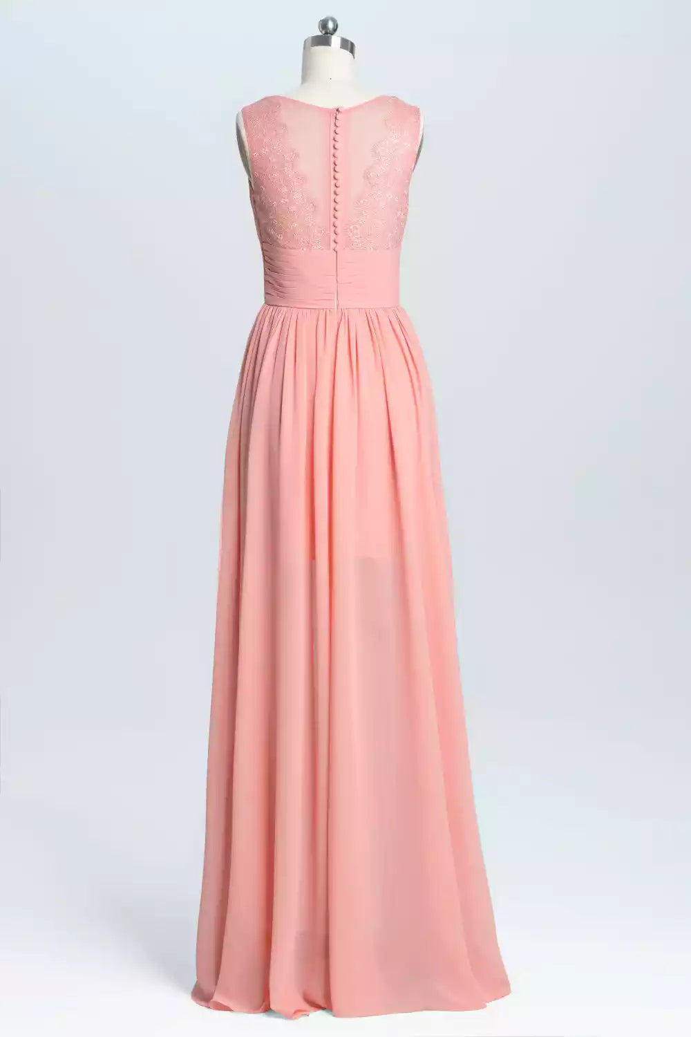 Romantic Coral Pink Chiffon Gown with Lace Bodice & High Slit Skirt