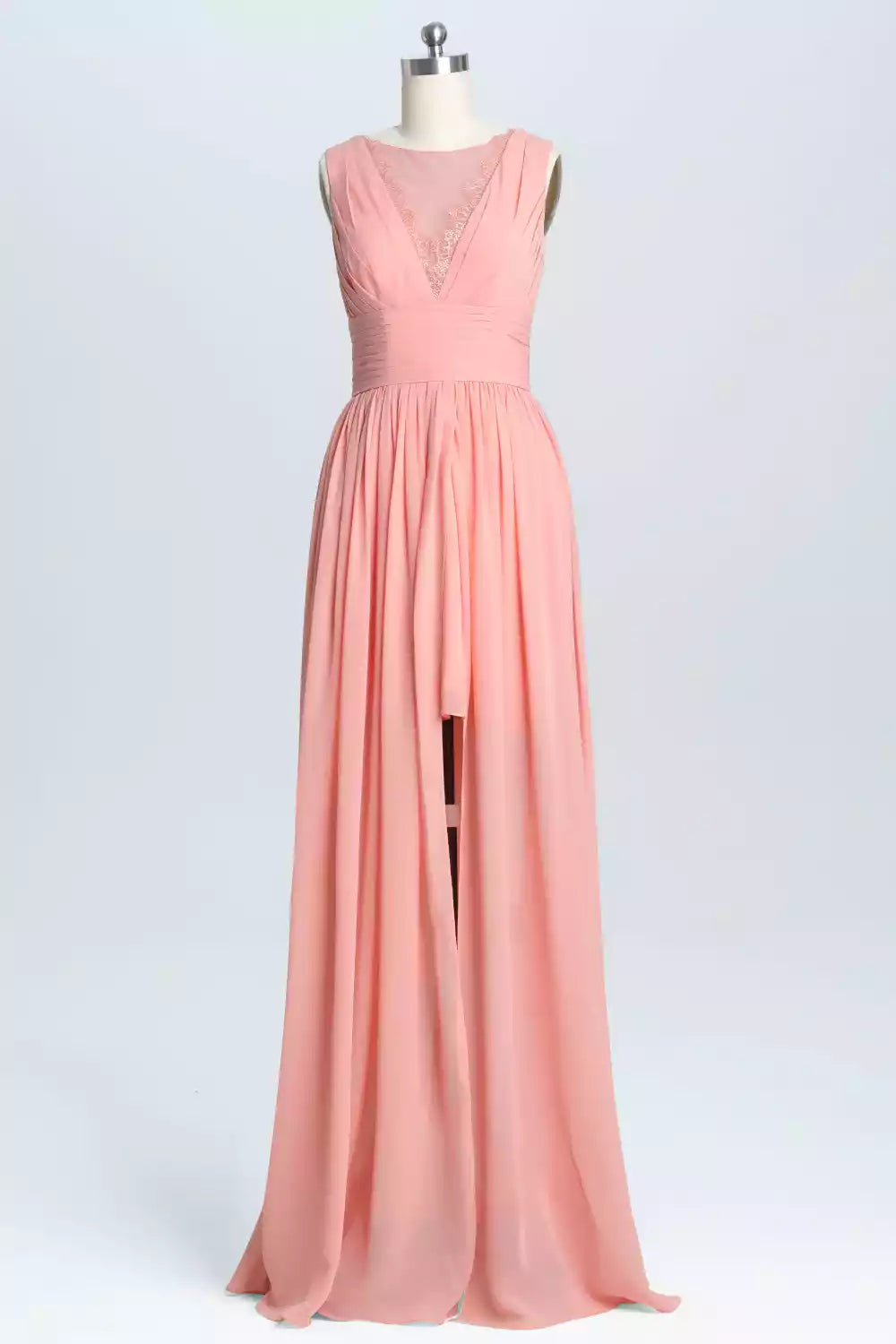 Romantic Coral Pink Chiffon Gown with Lace Bodice & High Slit Skirt