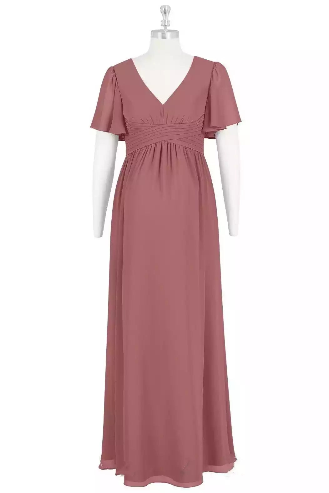 Romantic Dusty Rose Chiffon Gown with Flutter Sleeves & Ruched Bodice