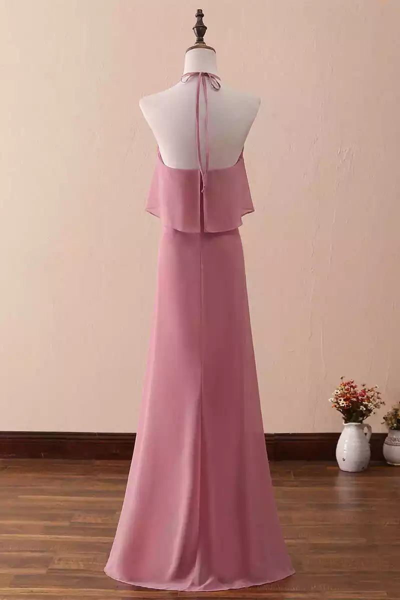 Romantic Dusty Rose Chiffon Gown with Halter Capelet Neck & Open Back