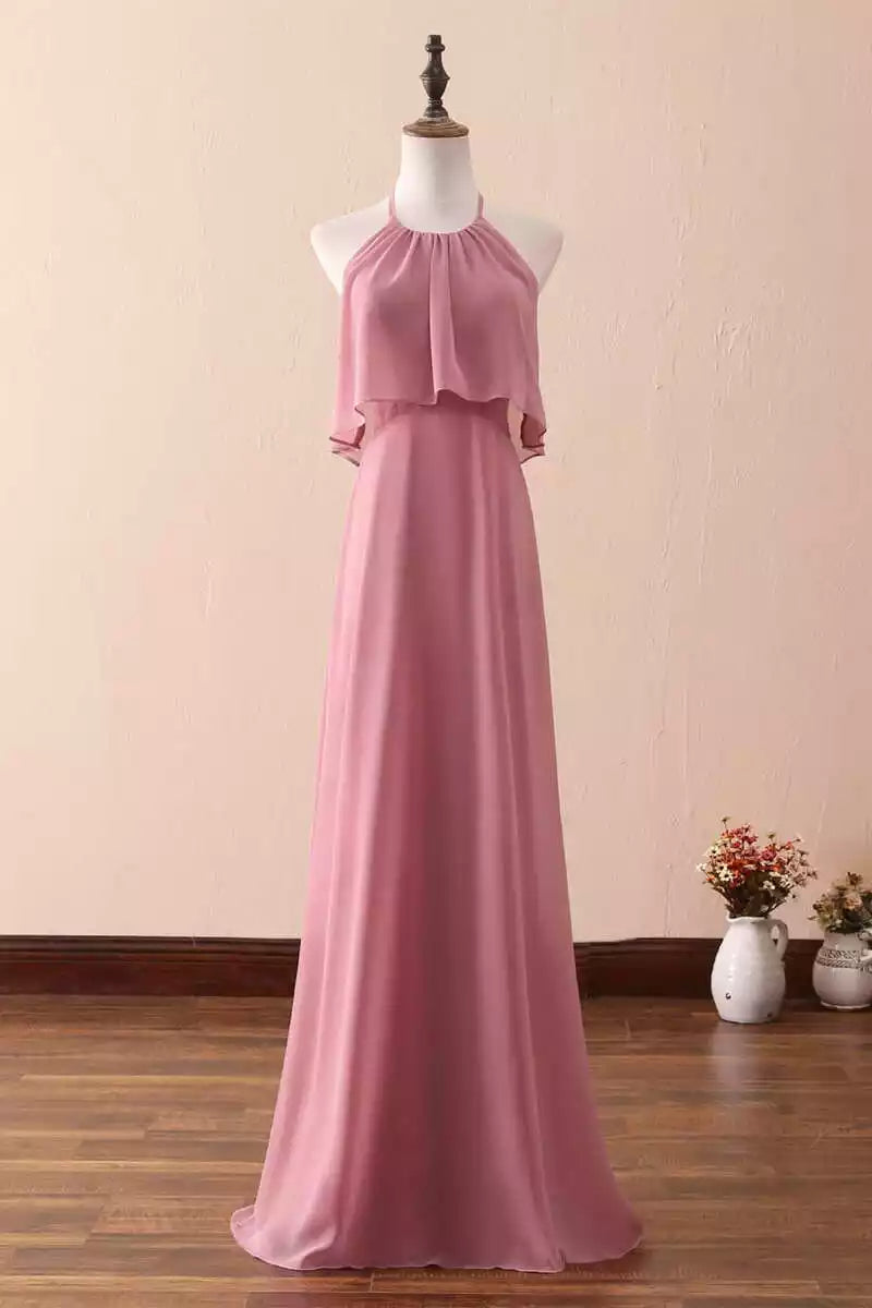 Romantic Dusty Rose Chiffon Gown with Halter Capelet Neck & Open Back