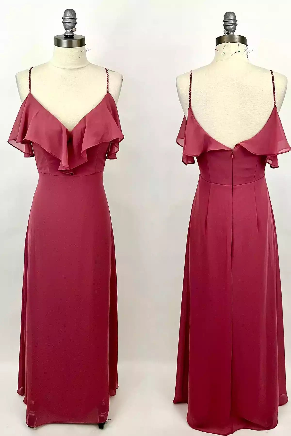 Romantic Dusty Rose Chiffon Gown with Ruffled Cold-Shoulder & Beaded Straps