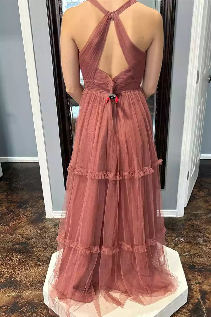 Romantic Dusty Rose Tulle Gown with Halter Neck & Tiered Ruffled Skirt