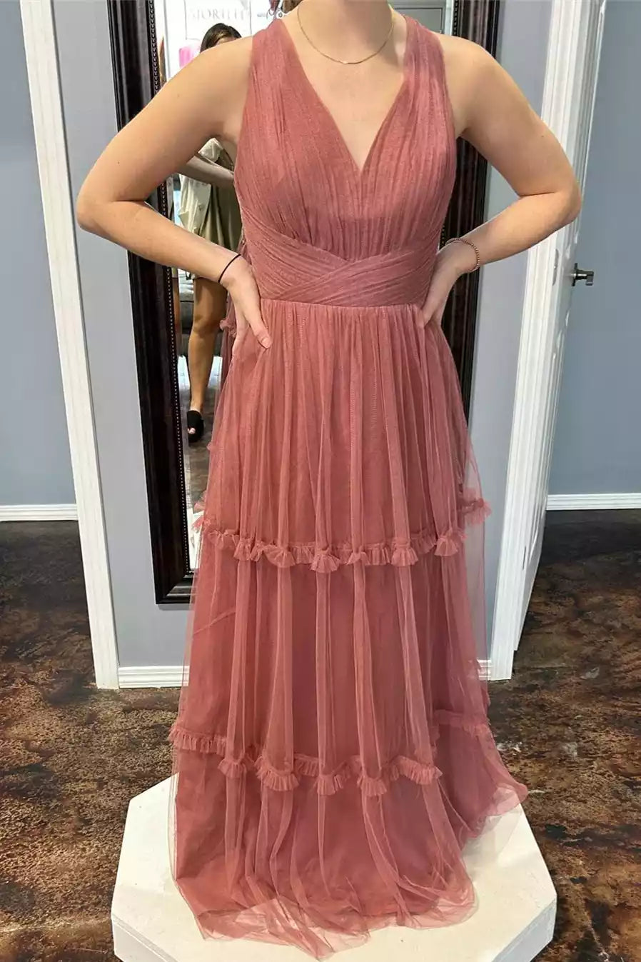 Romantic Dusty Rose Tulle Gown with Halter Neck & Tiered Ruffled Skirt