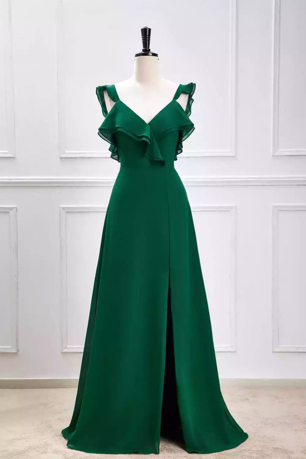Romantic Emerald Chiffon Gown with Ruffled Cold-Shoulder Straps