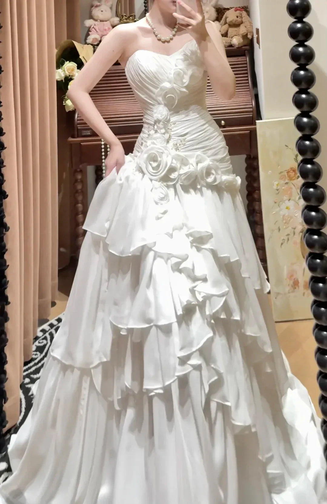 Romantic Floral Appliqué Tiered Ruffle Ivory Chiffon Ball Gown