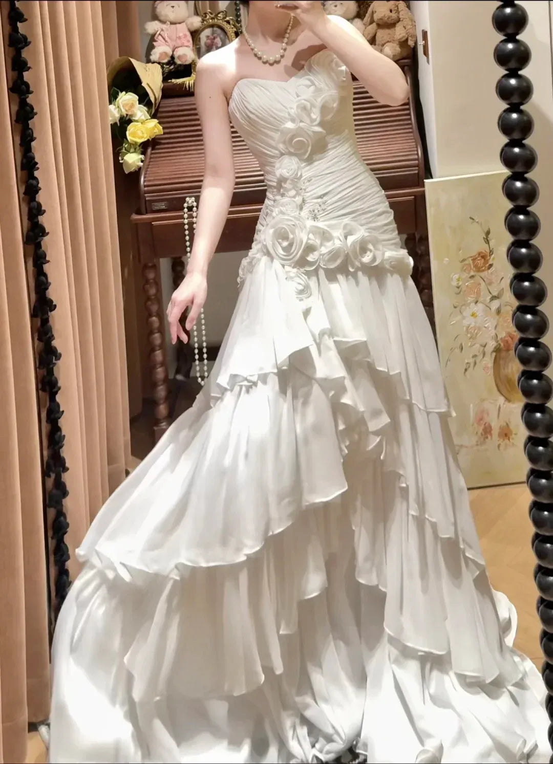Romantic Floral Appliqué Tiered Ruffle Ivory Chiffon Ball Gown