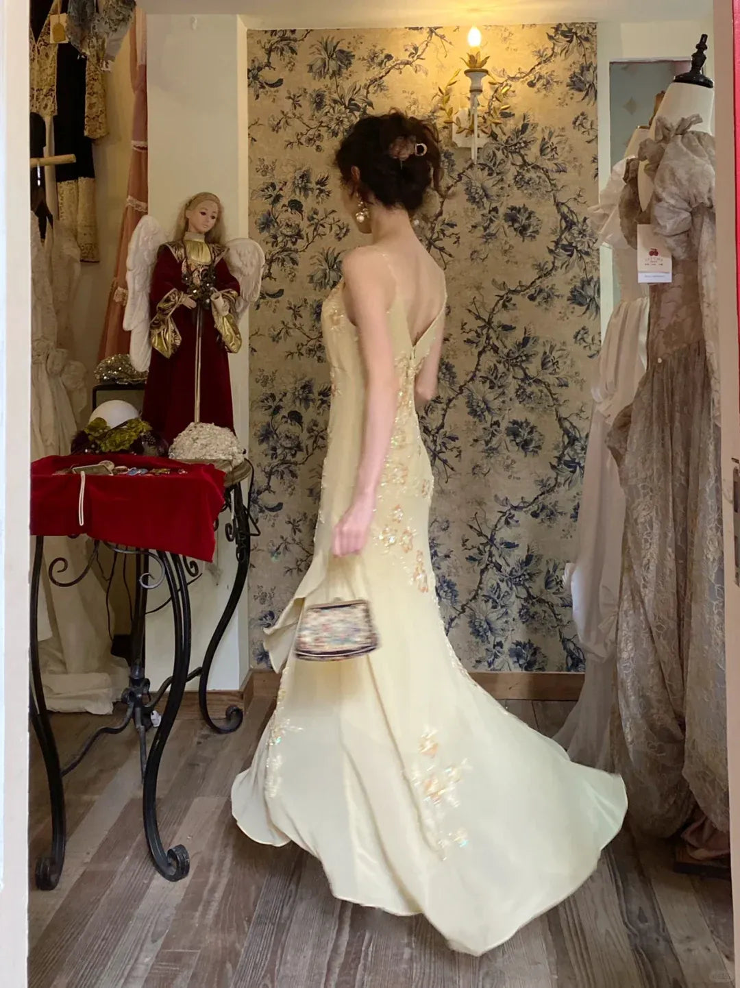 Romantic Floral Embroidery Pale Yellow Chiffon Spaghetti Strap Gown