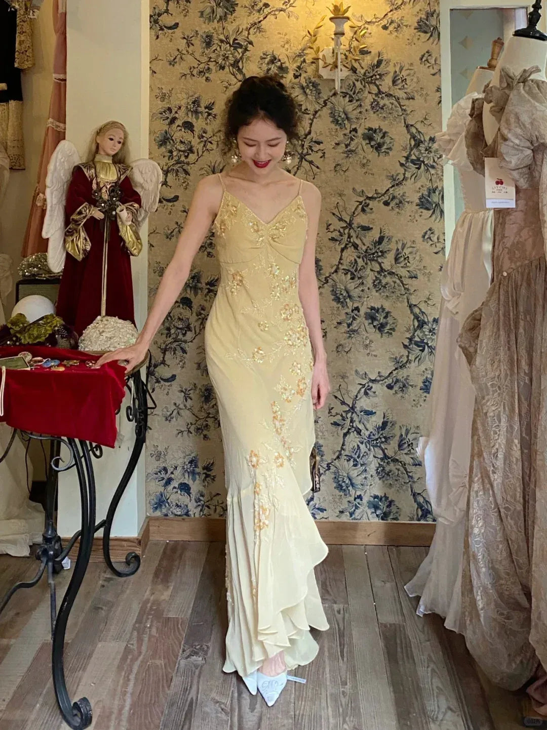 Romantic Floral Embroidery Pale Yellow Chiffon Spaghetti Strap Gown